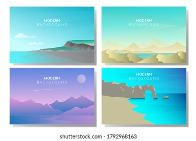 Vector polygonal landscape. Set with four flat illustrations. Minimalist style graphic design for flyers, banners, background, coupon, voucher, gift card, illustration