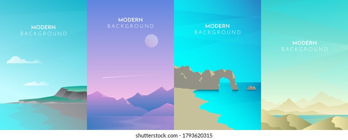 Vector polygonal landscape. Set with four flat illustrations. Minimalist style graphic design for flyers, banners, background, coupon, voucher, gift card, illustration