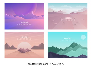 Vector polygonal landscape. Set with four flat illustrations. Minimalist style graphic design for flyers, banners, background, coupon, voucher, gift card, illustration