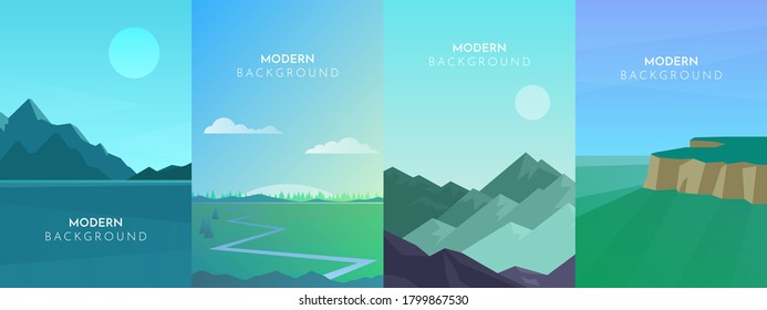 Vector polygonal landscape. Set with four flat illustrations. Minimalist style graphic design for flyers, banners, background, coupon, voucher, gift card, illustration