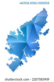 Vektorpolygonal Lewis und Harris Karte. Lebhafte geometrische Insel im Low-Poly-Stil. Anziehende Illustration für Ihre Infografiken. Technologie, Internet, Netzkonzept.
