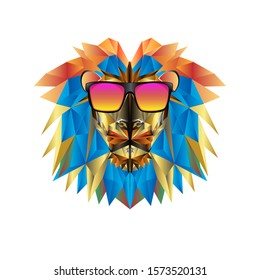 vector polygonal lion head, colorful lion logo wearing glasses on a white background