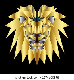 vector polygonal lion head, golden lion logo on a black background