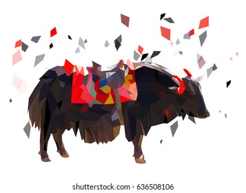Vector polygonal (low poly) animal illustration with yak and abstract objects. May be used for abstract clothes or poster designs 