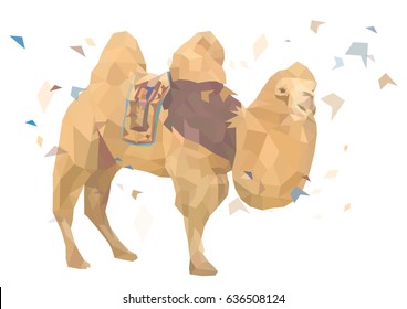 Vector polygonal (low poly) animal illustration with camel and abstract objects. May be used for abstract clothes or poster designs 