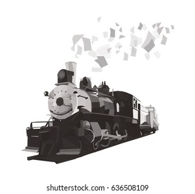 Vector polygonal (low poly) illustration with old retro train and abstract objects. May be used for abstract clothes or poster designs