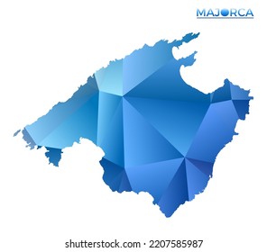 Vector polygonal Majorca map. Vibrant geometric island in low poly style. Cool illustration for your infographics. Technology, internet, network concept.