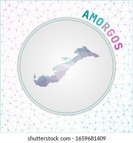 Vector polygonal map of Amorgos island with a network mesh background. Illustration in a technology and telecommunication concept style.