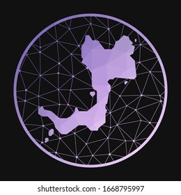 A vector polygonal map of Canouan island in a geometric style with a purple low poly gradient on a dark background.