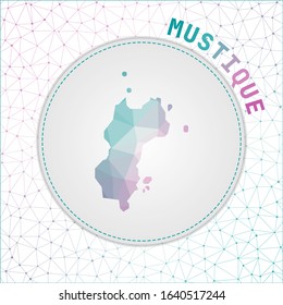 Vector polygonal map of Mustique island with a network mesh background. Illustration in a technology and telecommunication concept style.