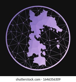 Icono de Patmos. Mapa pológico vectorial de la isla. Icono de Patmos en estilo geométrico. El mapa de la isla con un degradado violeta bajo sobre fondo oscuro.