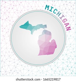 Vector polygonal Michigan map with a network mesh background. Michigan illustration in a technology and telecommunication concept style.
