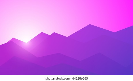 Vector polygonal mountains illustration. Colorful low poly mountain landscape with sunrise background