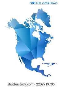 Vector polygonal North America map. Vibrant geometric continent in low poly style. Astonishing illustration for your infographics. Technology, internet, network concept.