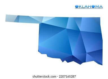 Vector polygonal Oklahoma map. Vibrant geometric us state in low poly style. Neat illustration for your infographics. Technology, internet, network concept.