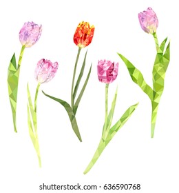 vector polygonal pink and red tulips with green leaves, triangulation of flowers