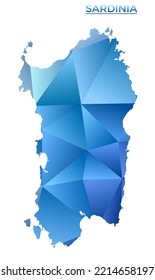 Vektorpolygonal sardische Karte. Lebhafte geometrische Insel im Low-Poly-Stil. Trendy Illustration für Ihre Infografiken. Technologie, Internet, Netzkonzept.