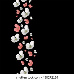 Vector polygonal seamless pattern with  pink and white flowers, low poly illustration, perfect image with flower on vertical direction, excellent for cover, fabric, interior design, cherry flower