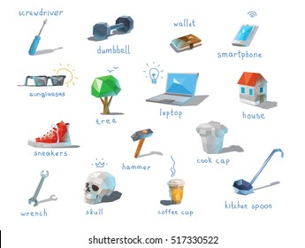 Vector polygonal set of different subjects, work end home devices, communications icons, low poly modern illustrations, repair tools, laptop, web  