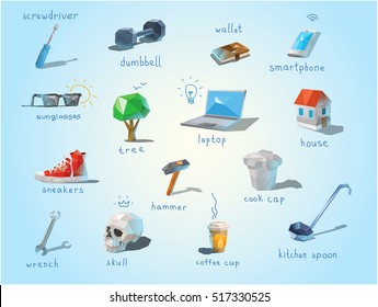 Vector polygonal set of different subjects, work end home devices, communications icons, low poly modern illustrations, repair tools, laptop, web  