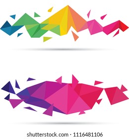 Vector polygonal set of faceted 3d crystal colorful shapes, banners. Horizontal crystal banners, faceted colorful 