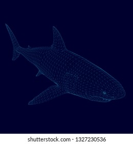 Vector polygonal shark wireframe of blue lines on a dark background. Isometric view. 3D. Vector illustration.