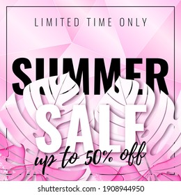 Vector Polygonal Shiny Pink Banner with Tropical Leaves. Text Summer Sale. Alcohol Ink Textured Monstera. Bright Discount Poster. 