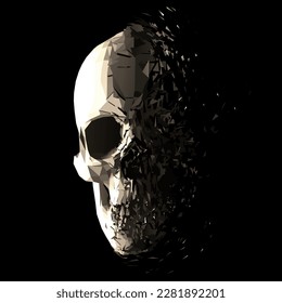 Vector polygonal skull disintegration. Dissolving 3D low poly human skull with fading effect of particles of dust.