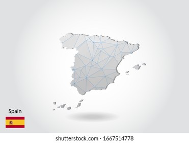 Vector polygonal Spain map. Low poly design. map made of triangles on white background. geometric rumpled triangular low poly style gradient graphic, line dots, UI design.