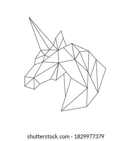 Vector polygonal triangular illustration of animal head. Origami style outline geometric unicorn. Contour for tattoo, logo, emblem and design element