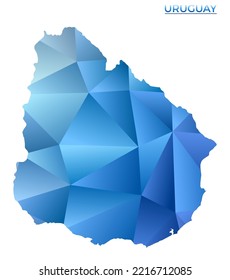Vektorpolygonal Uruguay Karte. Lebhaftes geometrisches Land im Low-Poly-Stil. Radiante Illustration für Ihre Infografiken. Technologie, Internet, Netzkonzept.