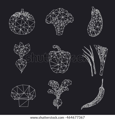 Vector polygonal vegetables set. Abstract illustration. White and black.