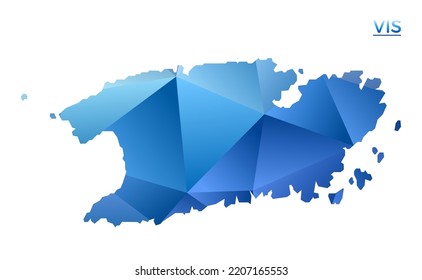 Vector polygonal Vis map. Vibrant geometric island in low poly style. Trendy illustration for your infographics. Technology, internet, network concept.