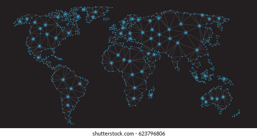 Vector polygonal world map on black background. Abstract global connection structure. Trendy triangles design.Geometric concept world