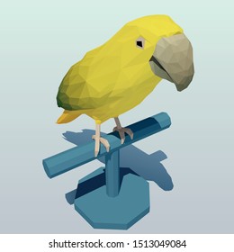 Vector polygonal yellow-green parrot on a stand rack. Low poly 3d vector illustration.