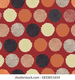 Vector pom pom bobble seamless pattern, trendy color, fall 2020, grey, orange, black, almond, wine red. Repeating pattern.