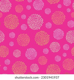 Vector Pom Poms Baby Girl Pink Decorative Seamless Repeat Pattern. Great for nursery room, handmade cards, invitations, wallpaper, packaging, baby girl designs, baby shower.