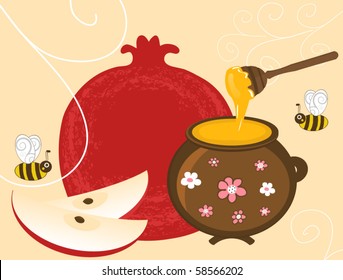 Vector Pomegranate, Apple and Honey in Jar