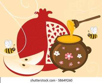 Vector Pomegranate, Apple and Honey in Vintage Pot