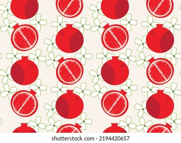 Vector Pomegranate Fruits and Flowers Abstract Seamless Pattern Trendy Fashion Colors Simple Elegant Design Ecru Background