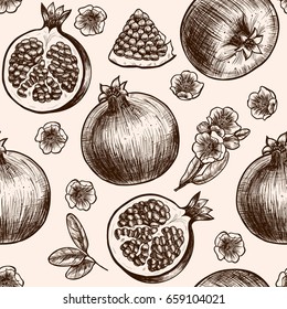 Vector pomegranate  hand drawn sketch.  Vector seamless pattern.  Vintage style