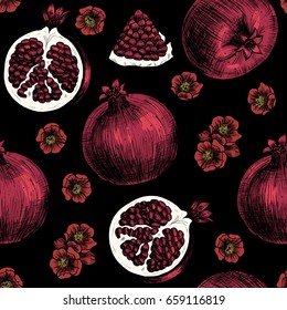 Vector pomegranate hand drawn sketch. Vector seamless pattern. Vintage style