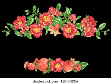 Vector pomegranate headline border with blooming flowers and fruits in graphic design illustration