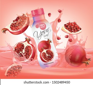 Vector Pomegranate Juice, Fruit Glass Bottle With Drop Splash