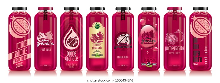 Vector pomegranate juice, glass fruit bottle set