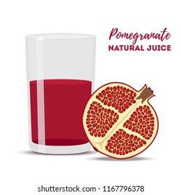 Vector pomegranate juice with red fruit. Juicy nutrition slice, tasty dessert with seeds. Natural vegetarian product.