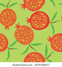 Vector pomegranate seamless pattern. Fruits with leaves on green background. 