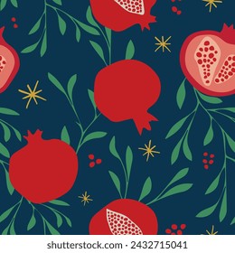 Vector pomegranate seamless pattern on dark blue backgroud