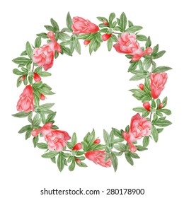 Vector pomegranate tree flowers watercolor wreath. Template for wedding invitation and save the date cards.