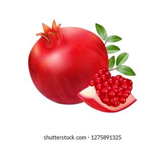 Vector pomegranates realistic with leaves isolated on a white background